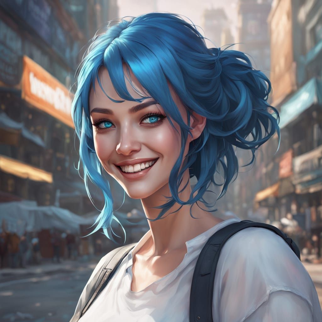 Vibrant Blue Haired Girl in a Splash of Colorful Light