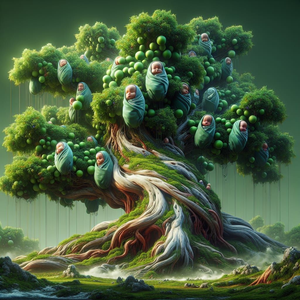 Dreamlike Tree of Fruiting Cherubs in Vibrant Greens and Ear...