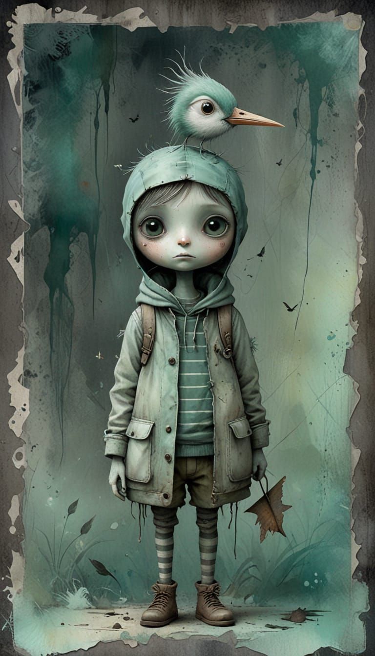 Whimsical Wanderer in Dreamlike Landscape