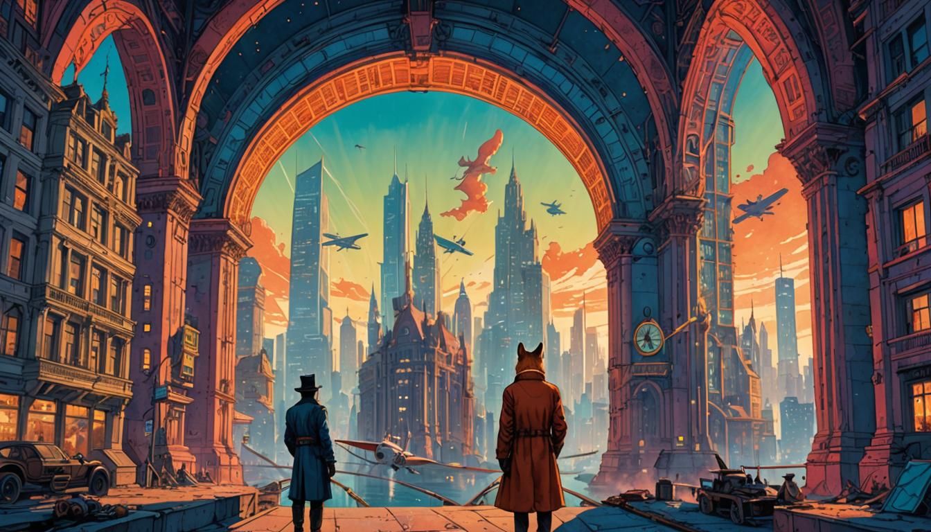 Fox Mask Teen in Retro-Futuristic Cityscape