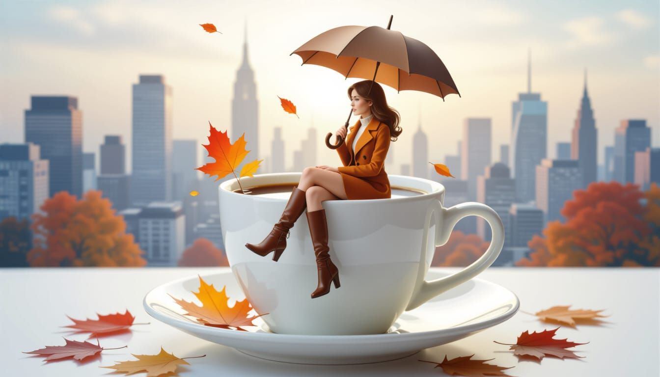 Autumn Cityscape Inside a Coffee Cup, Sfumato Style