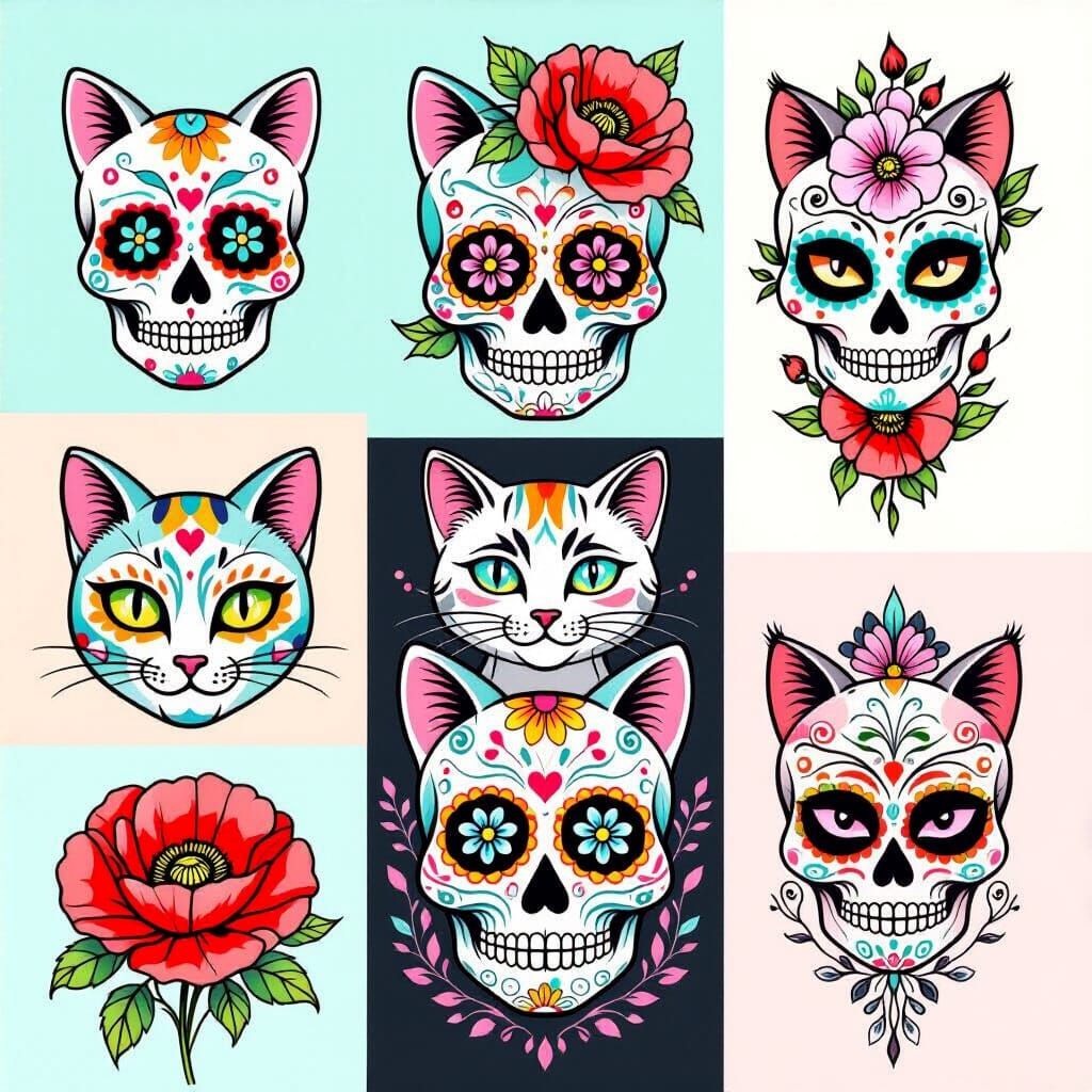 Pastel Sugar Skull Tattoos with Cats and Poppies