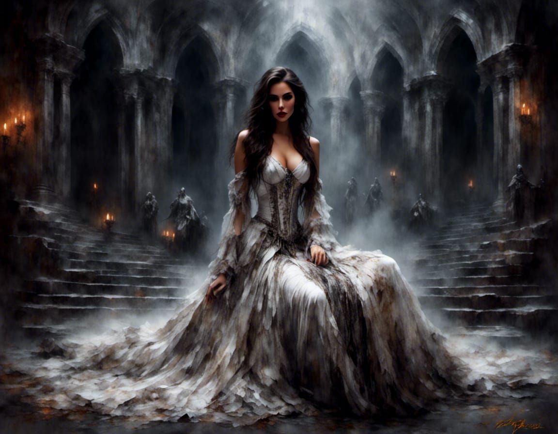 Macabre Brunette in Dungeon, Hyperrealistic Watercolor Portr...