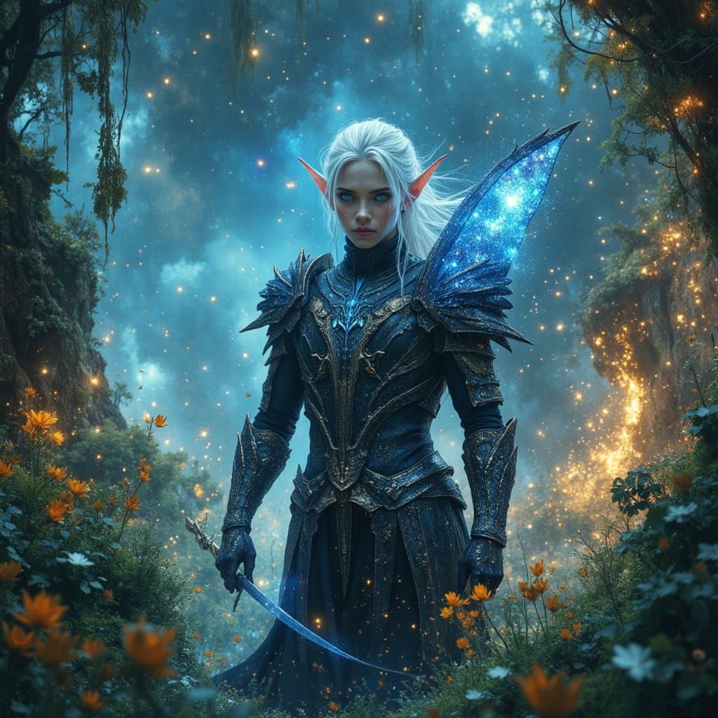 Alien Jungle Elf Warrior in Bioluminescent Flora