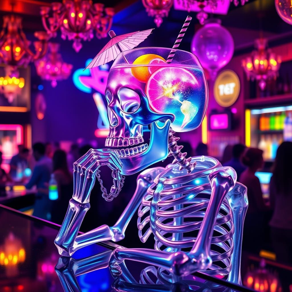 Crystal Skeleton Contemplates Cocktail in Neon Bar