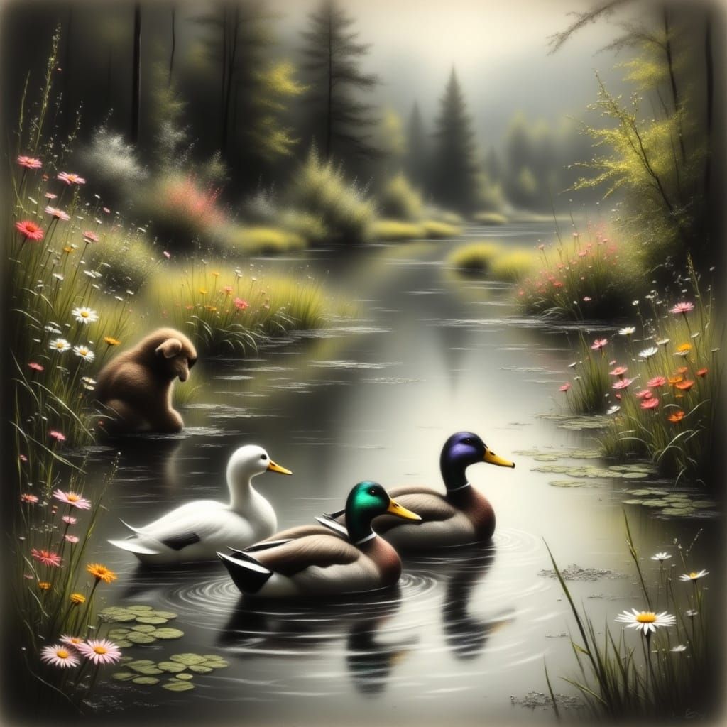 Fox Watching Ducks in Pond, Painterly Style