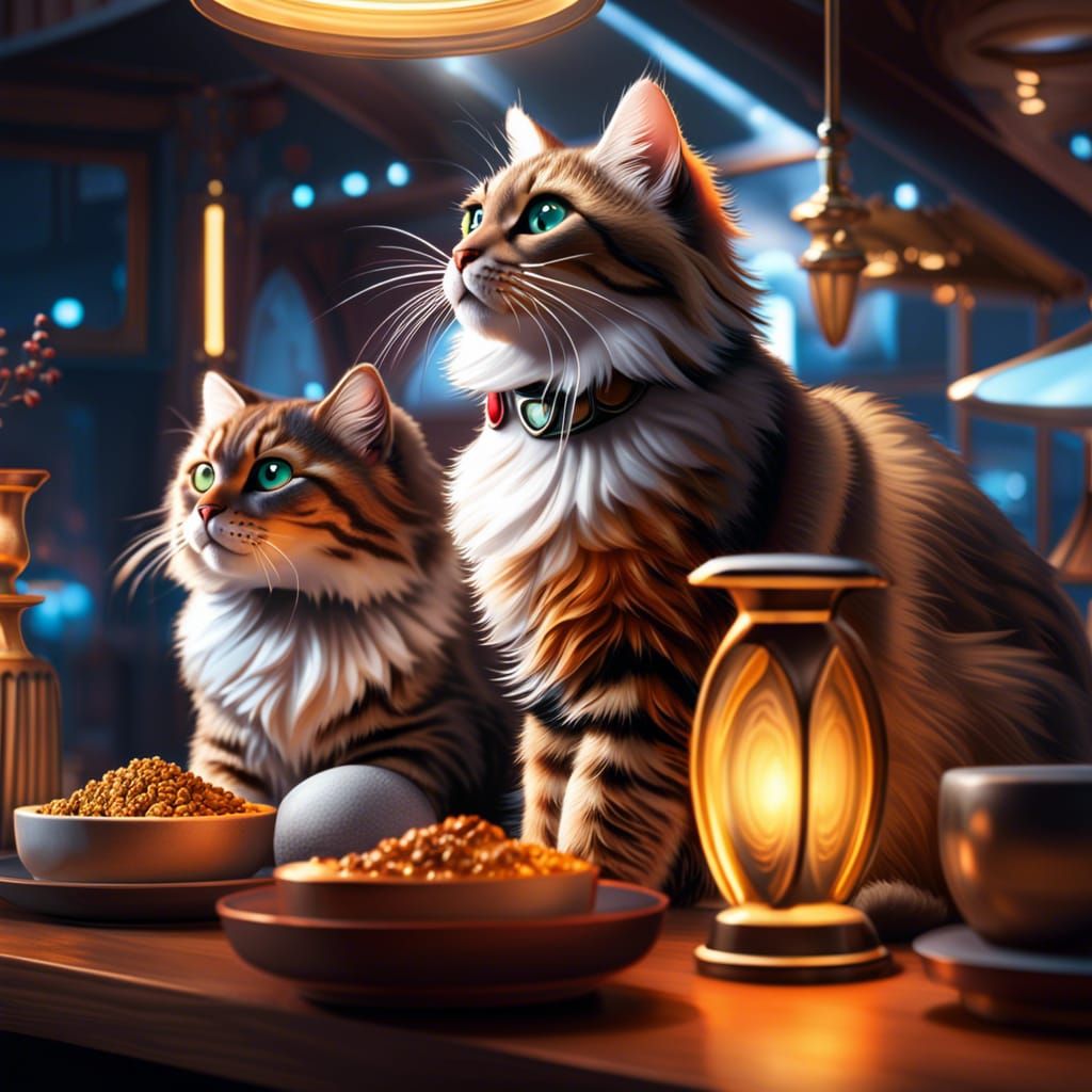 Cats in Spacecore Coffee Shop in Photorealistic 3D