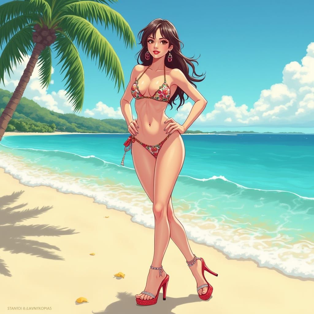 Anime Pin-Up: Woman in Bikini on Sunny Beach