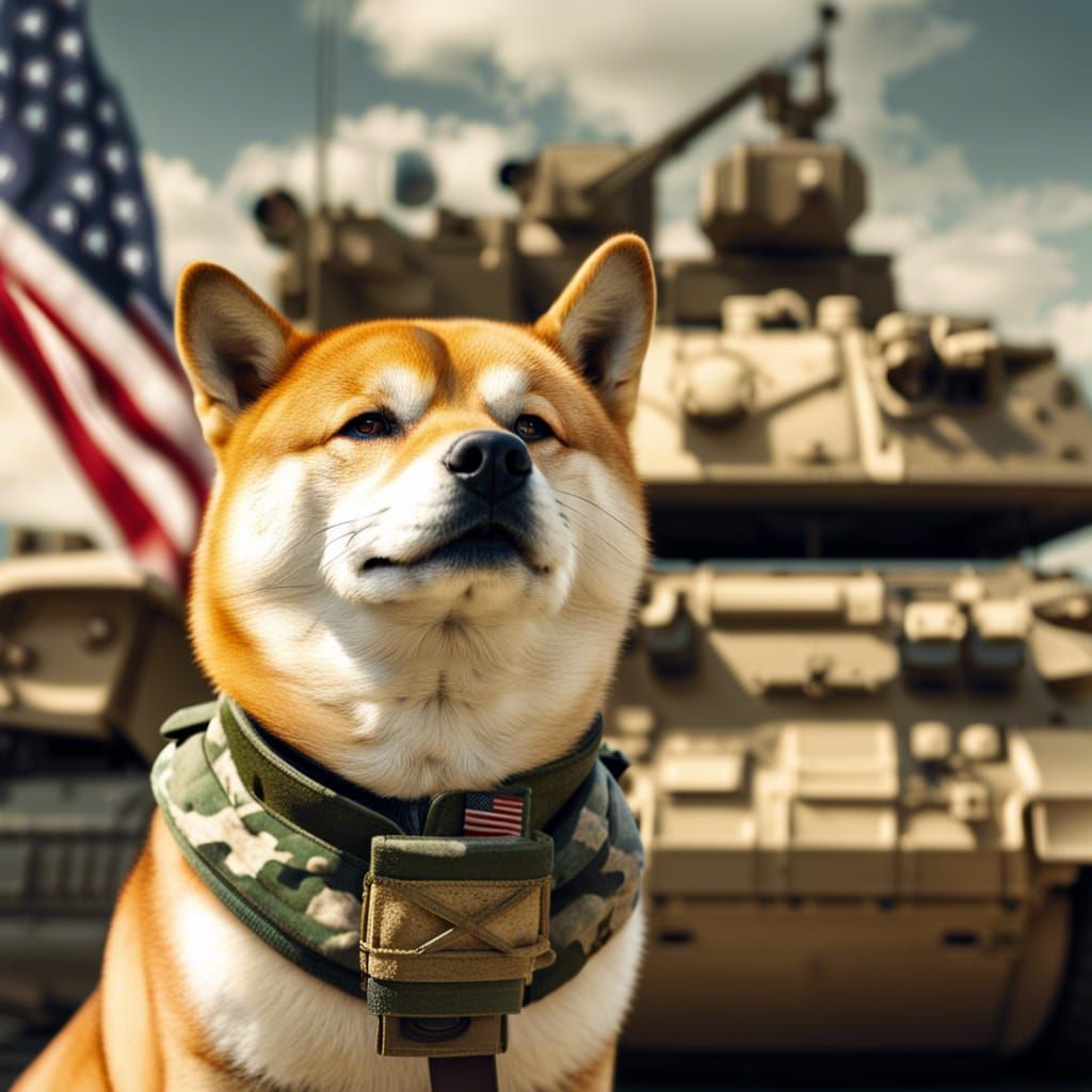 A Shiba Inu wearing army clothes and saluting to an America ...