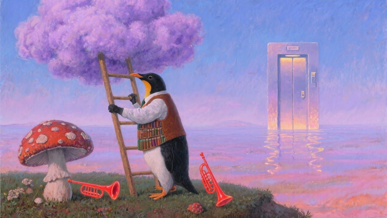 Penguin Librarian Climbs Ladder to Purple Cloud in Surreal O...