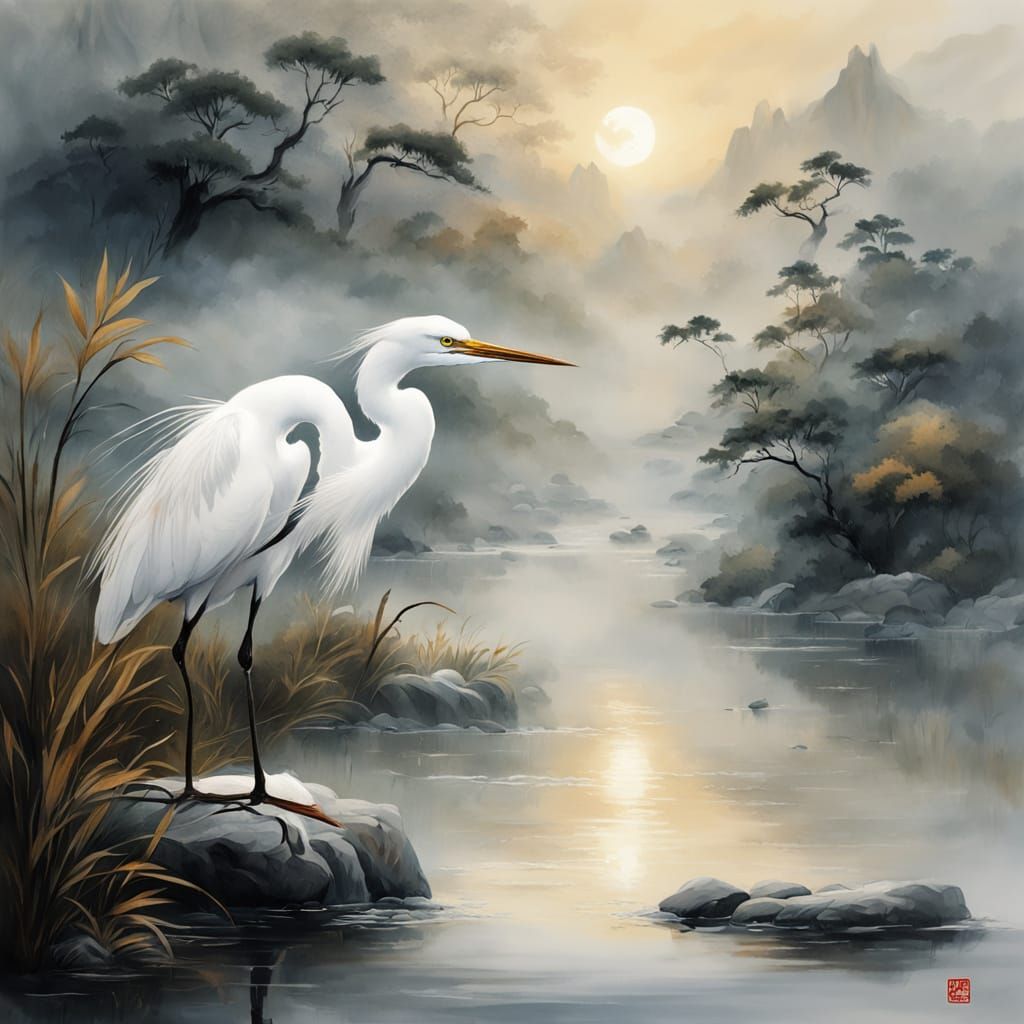 Realistic Chinese Painting of a White Egret in Misty Fog