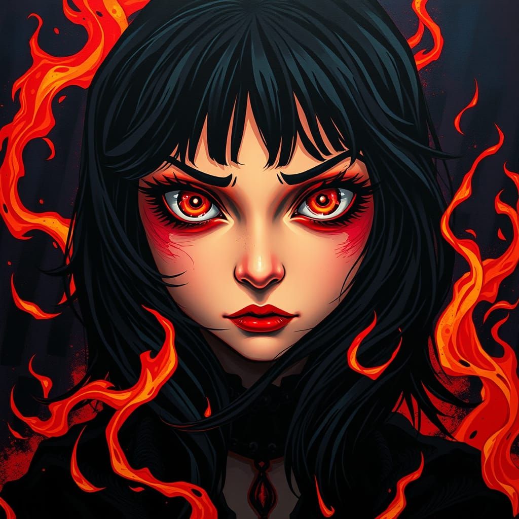Dramatic Goth Emo Girl in Turbulent Flames