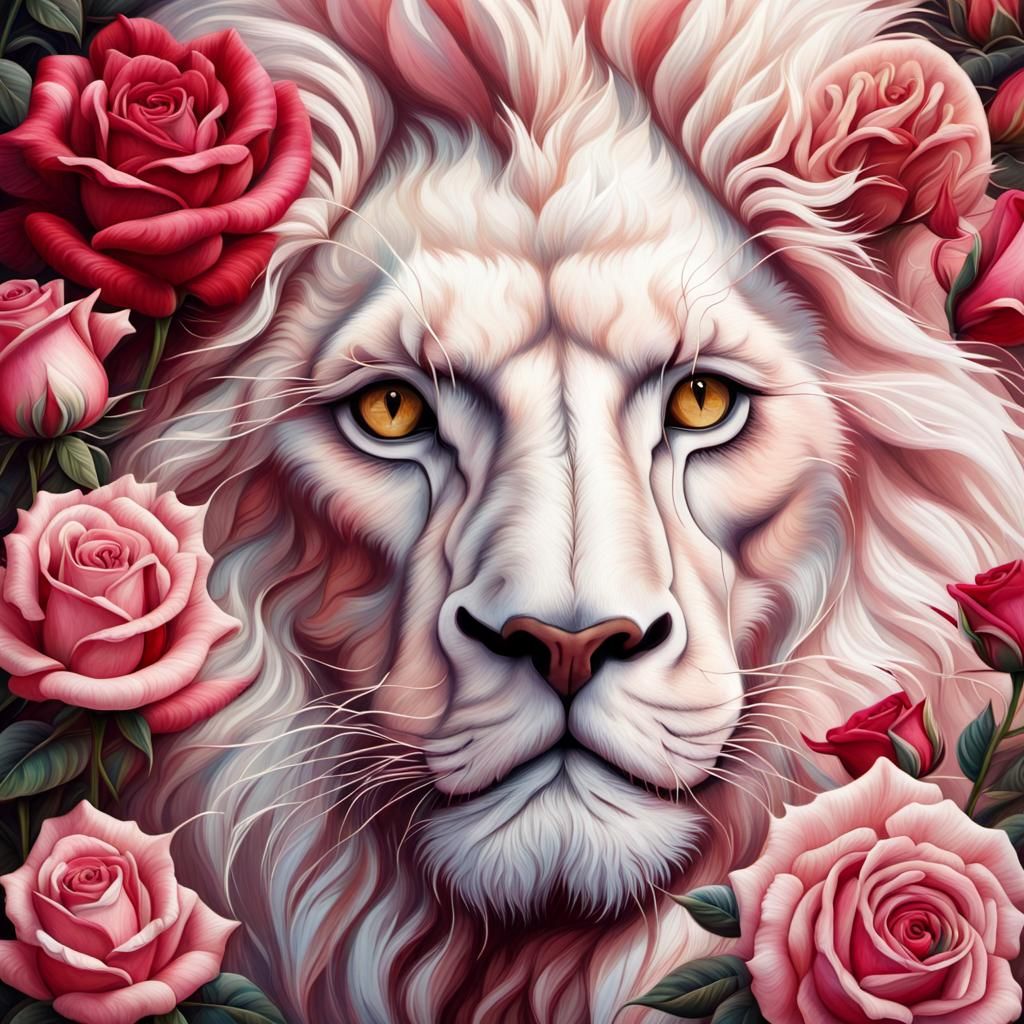 White Lion Surrounded by Roses in Photorealistic Style
