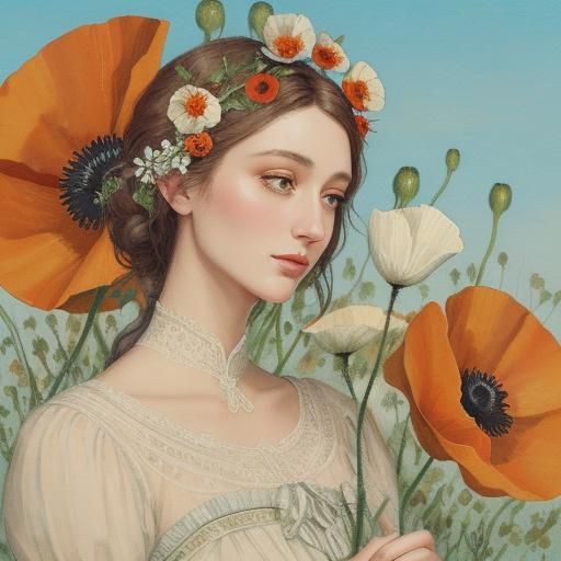 Poppy Blooms: Detailed Gouache Painting with Art Nouveau Ins...