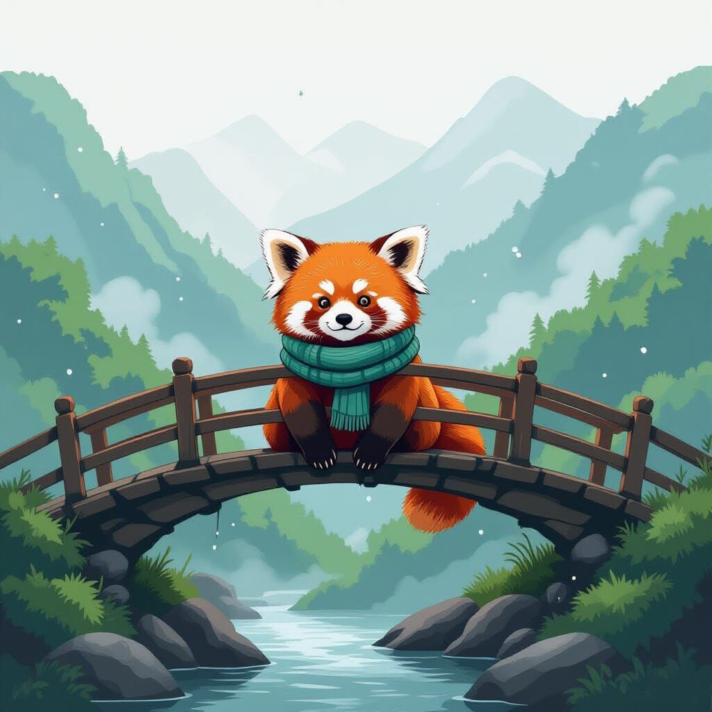 Red Panda Under Misty Bridge in Dreamy Digital Art
