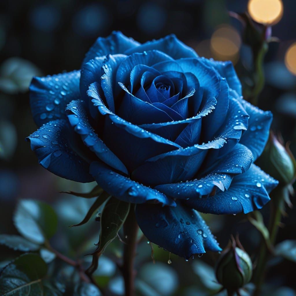 Blue Rose Blooms in Moonlit Garden: Macro Photography