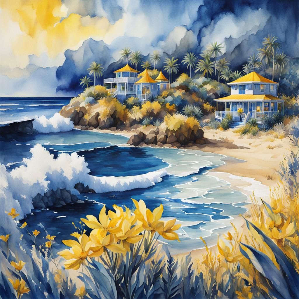Vivid Beach Scene in Watercolour Style