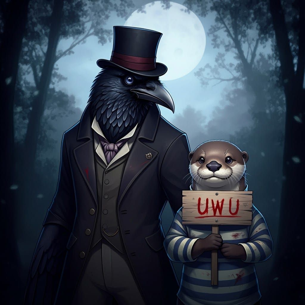 Anthropomorphic Crow and Otter in Anime Style
