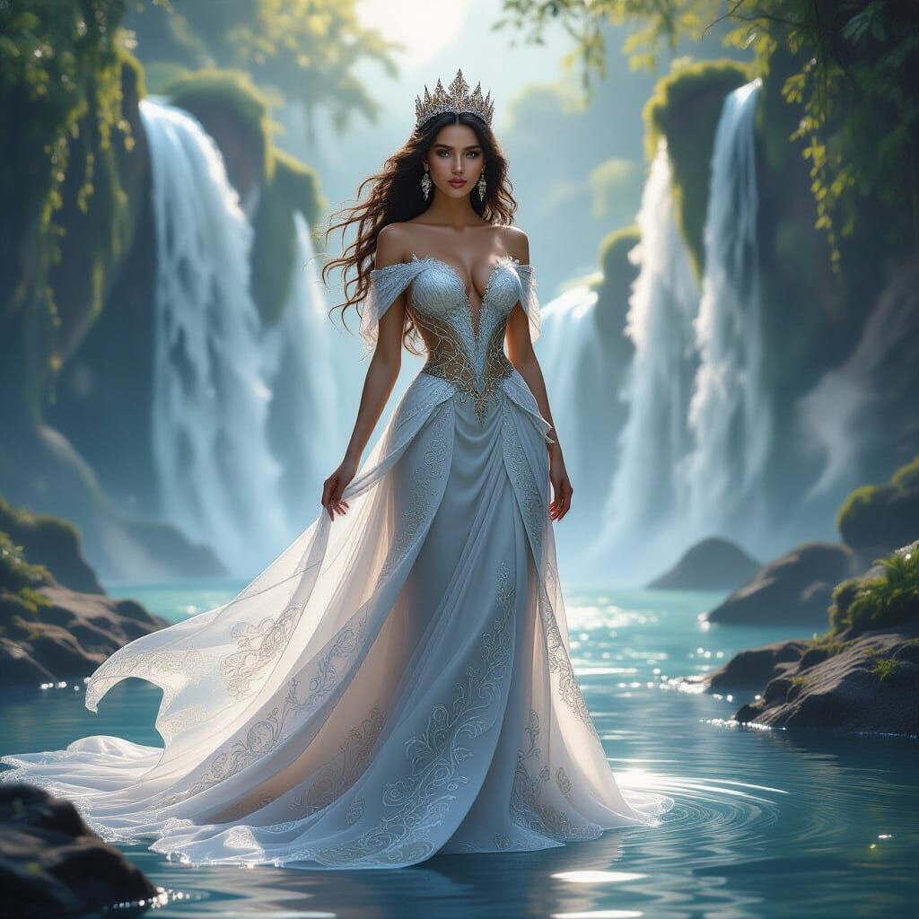 Regal Queen by Glowing Waterfalls in Ethereal Light