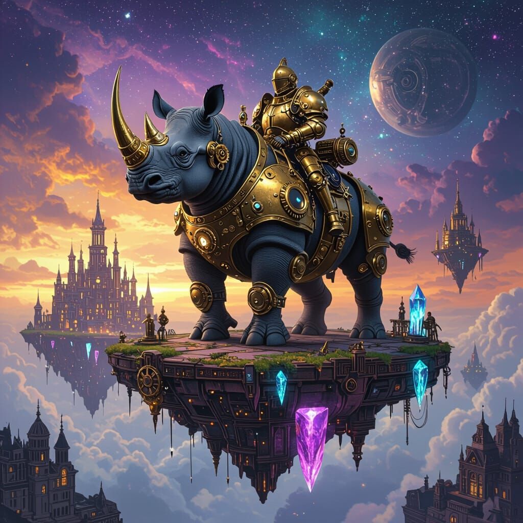 Steampunk Rhinoceros Knight on Floating Island