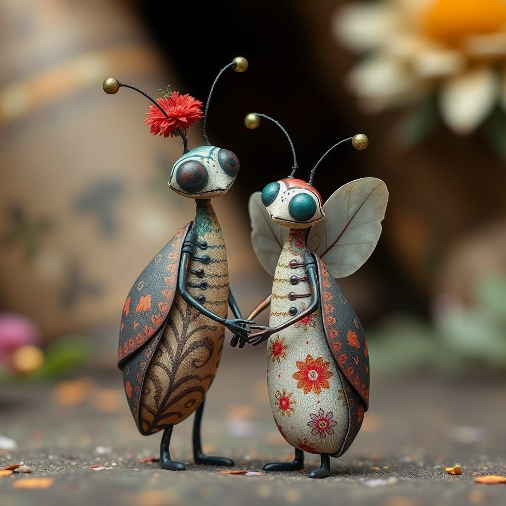 Whimsical Abstract Bugs in Love: Textile Print Art