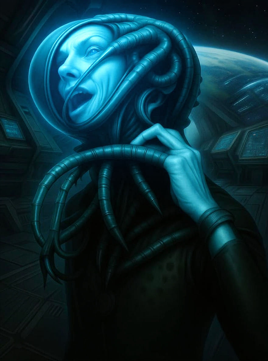 Macro Photo: Terrified Face in Xenomorph Egg Membrane