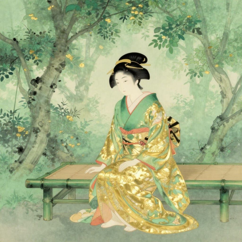 Geisha on Bamboo Bench Amidst Ethereal Green Trees