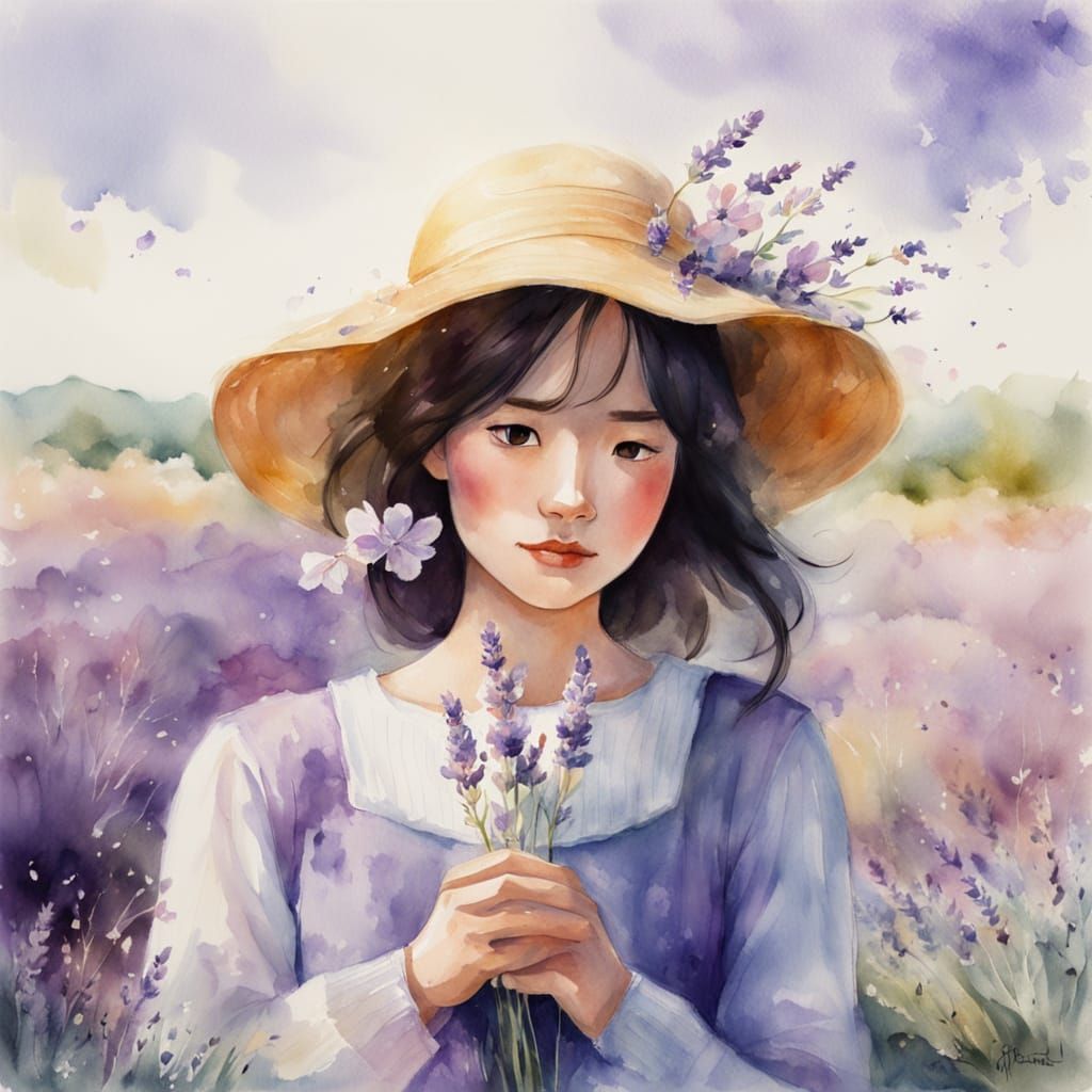 Woman in Lavender Field as Watercolor Painting