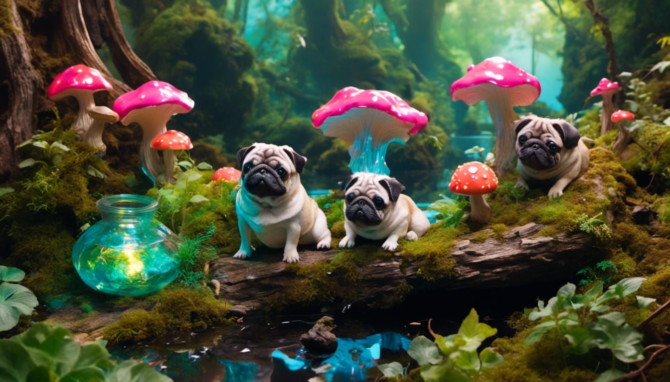 Fantasy Mushroom Forest with Pugs and Bridge