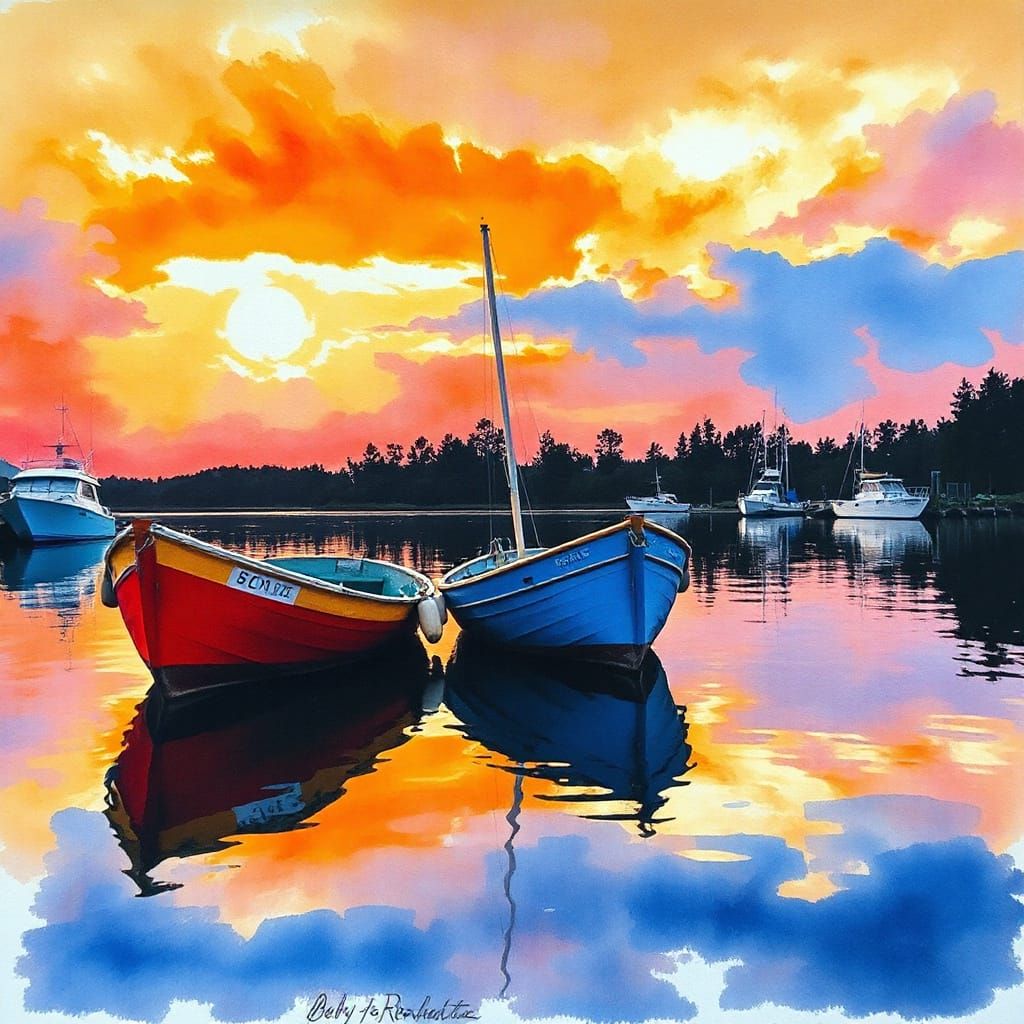 Sunset Harbor with Expressionist Fractal Symphony