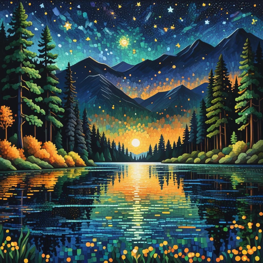 Pointillist Nocturnal Lake with Star Reflections