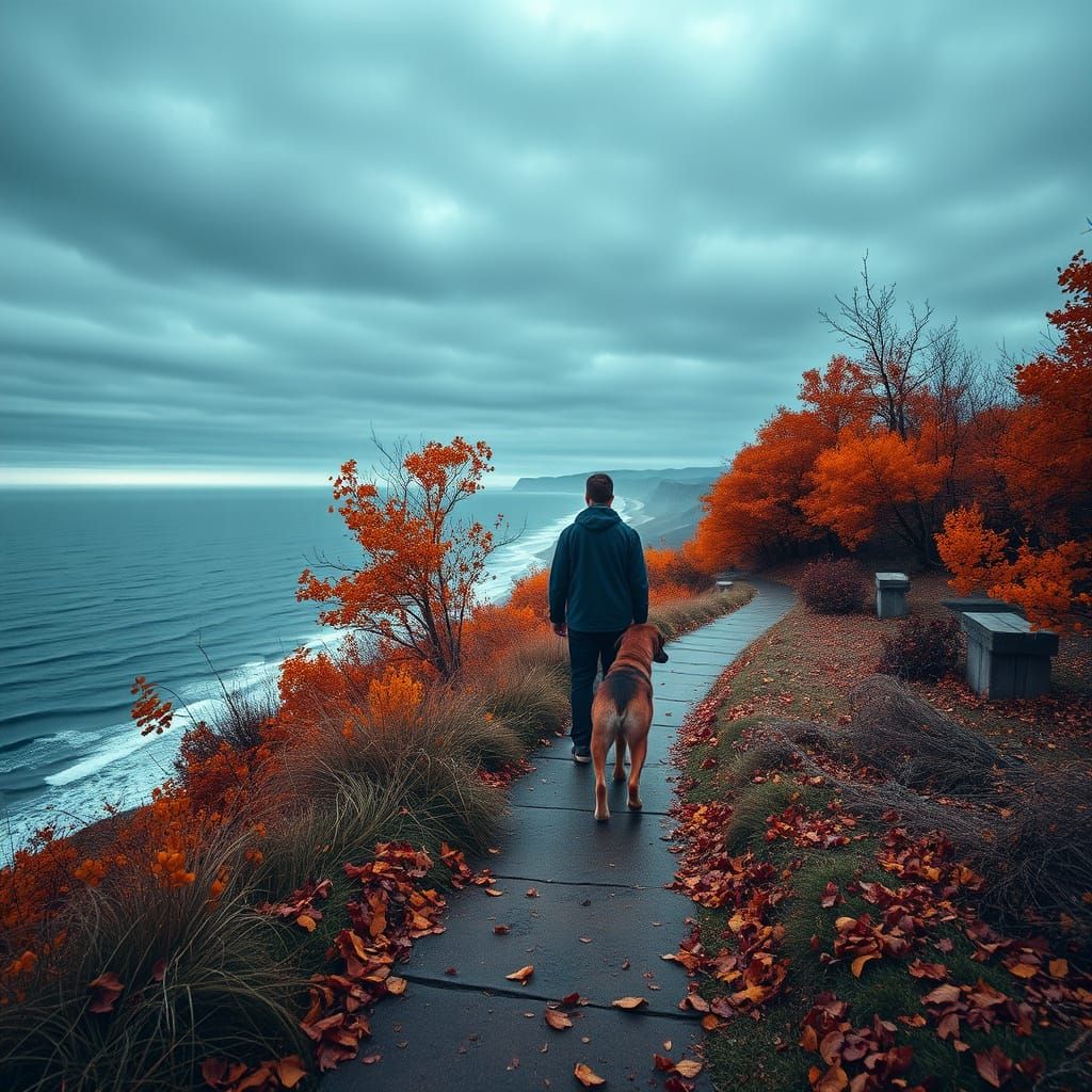 Man Walks Large Dog Overlooking Ocean