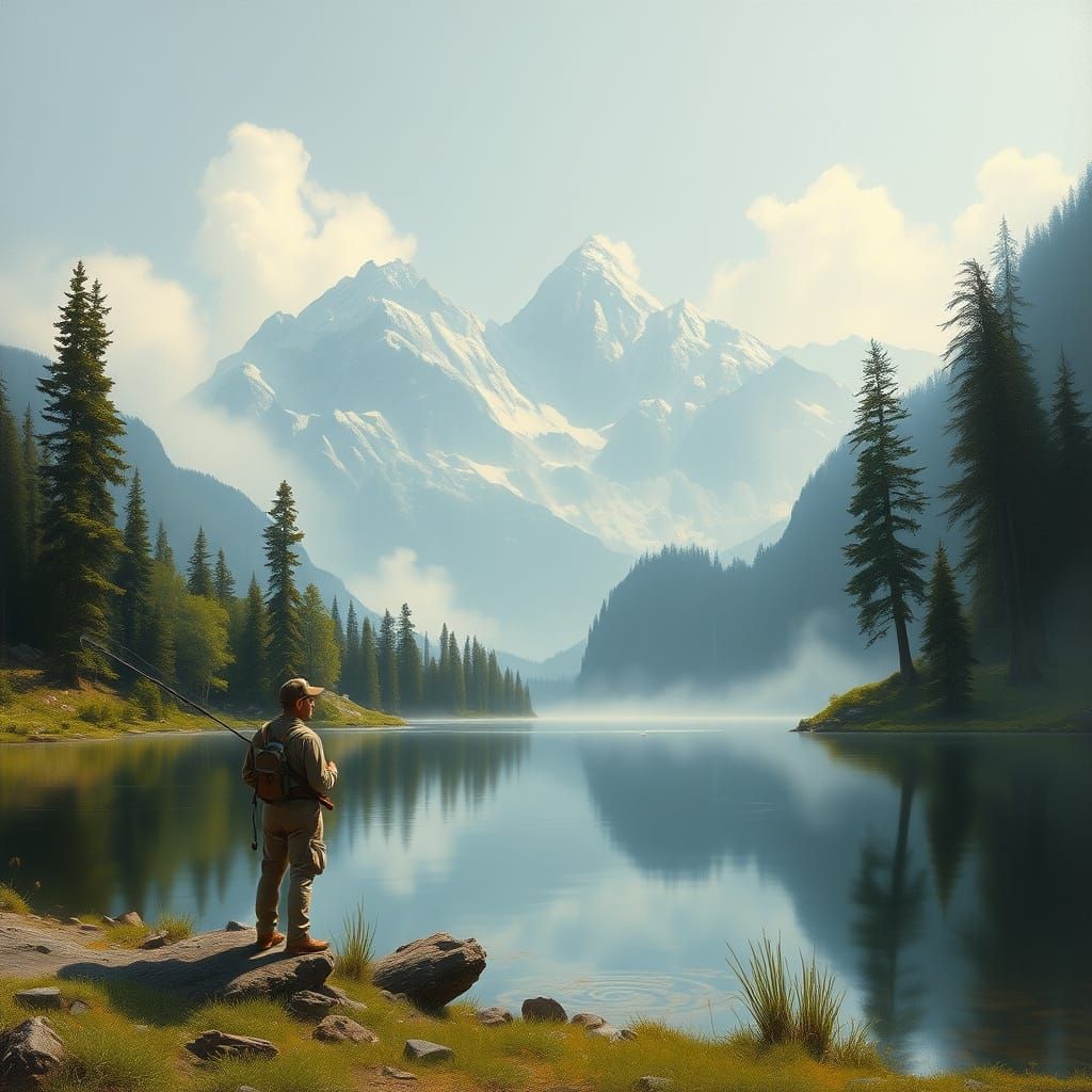 Tranquil Fisherman at Lake in Hudson River Style