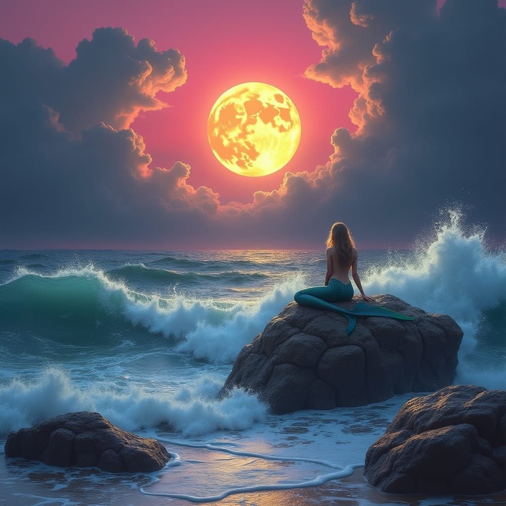 Mermaid on Rock Under Pink Sky, Fantasy Art