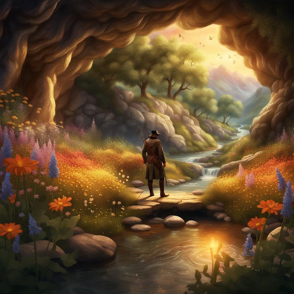 Fantasy Huntsman in Cavern Hideaway: Photorealistic Digital ...