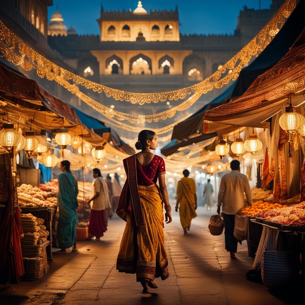 Woman in Indian Market at Night