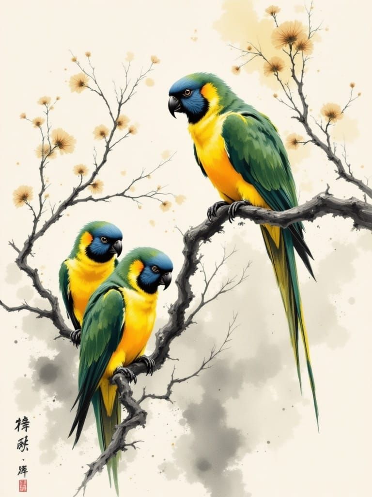 Vibrant Parrots in Dreamy Landscape, Inspired by Audubon and...