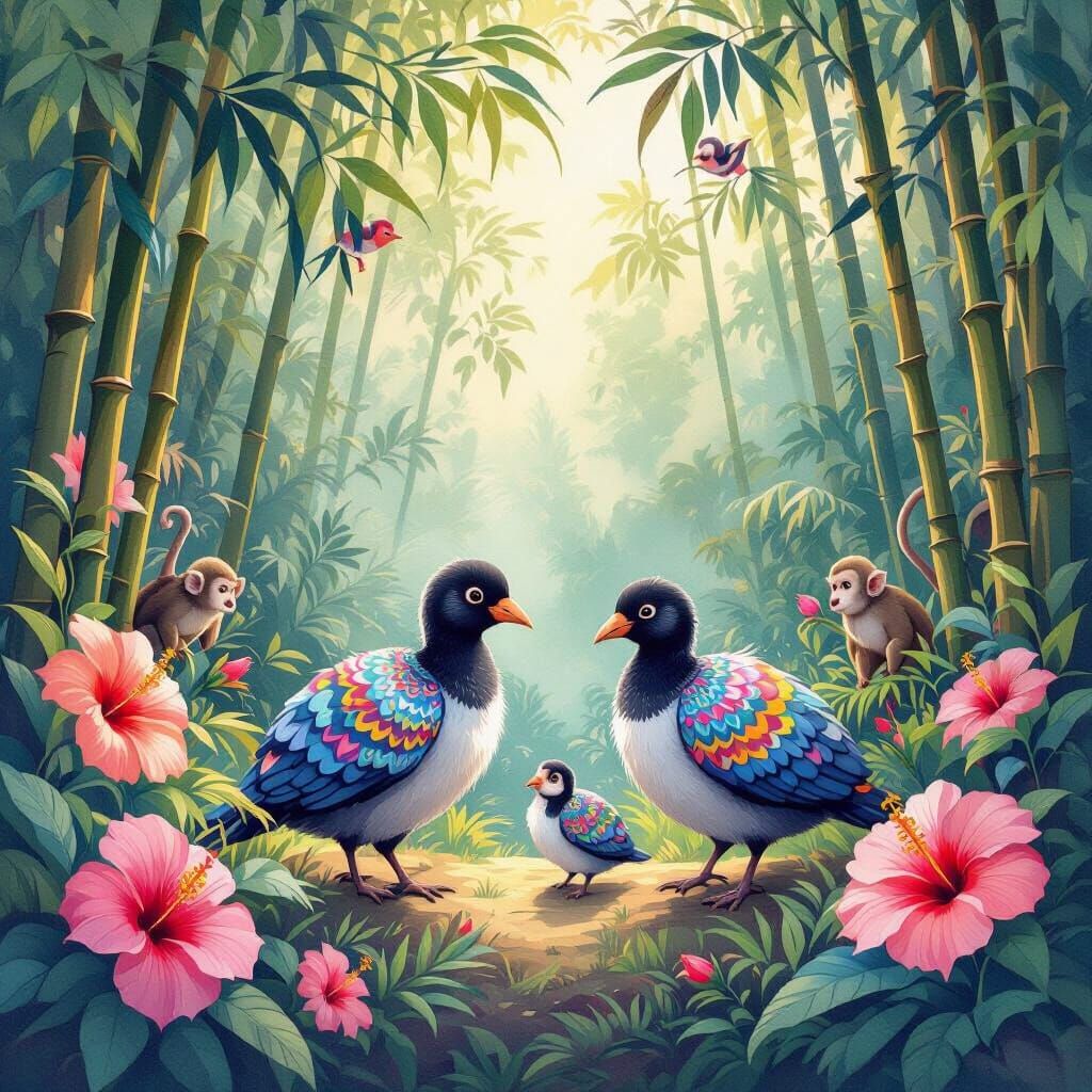 Dodo Birds in Tropical Jungle: Fantasy Art in Watercolor