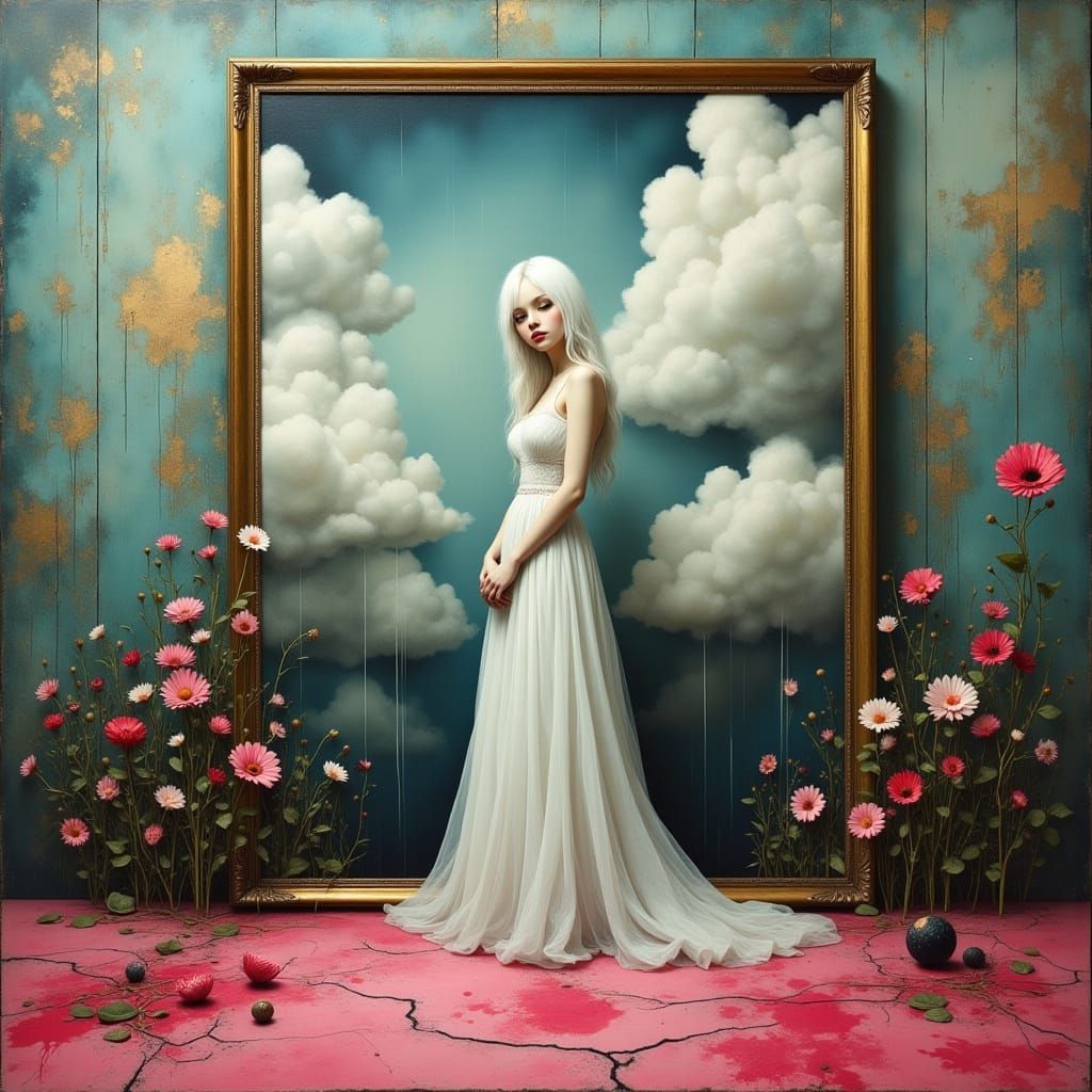Whimsical Surrealism: A Young Woman Amidst Blooming Flowers ...