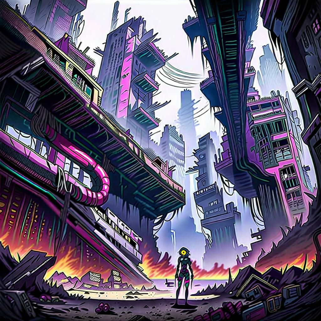 Anime Alien Cyborg in Ruined Sci-Fi Landscape