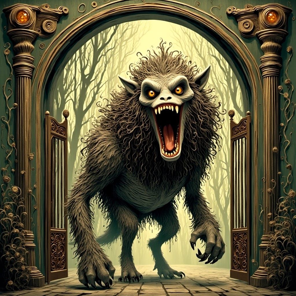 monster zoo <lora:SybilThorn-FluxLORA6:1.0> art deco Dan Mumford Tim Burton