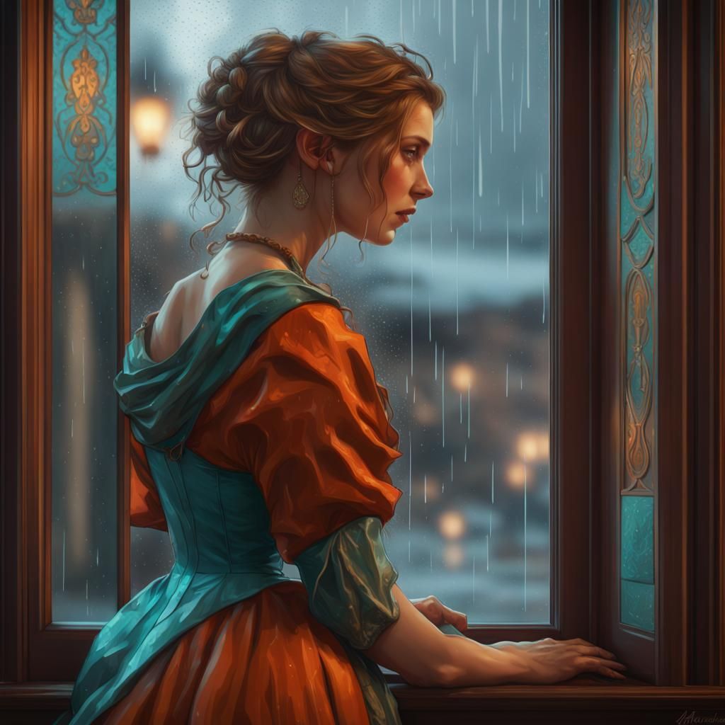 Victorian Lady Gazing Through Rainy Window