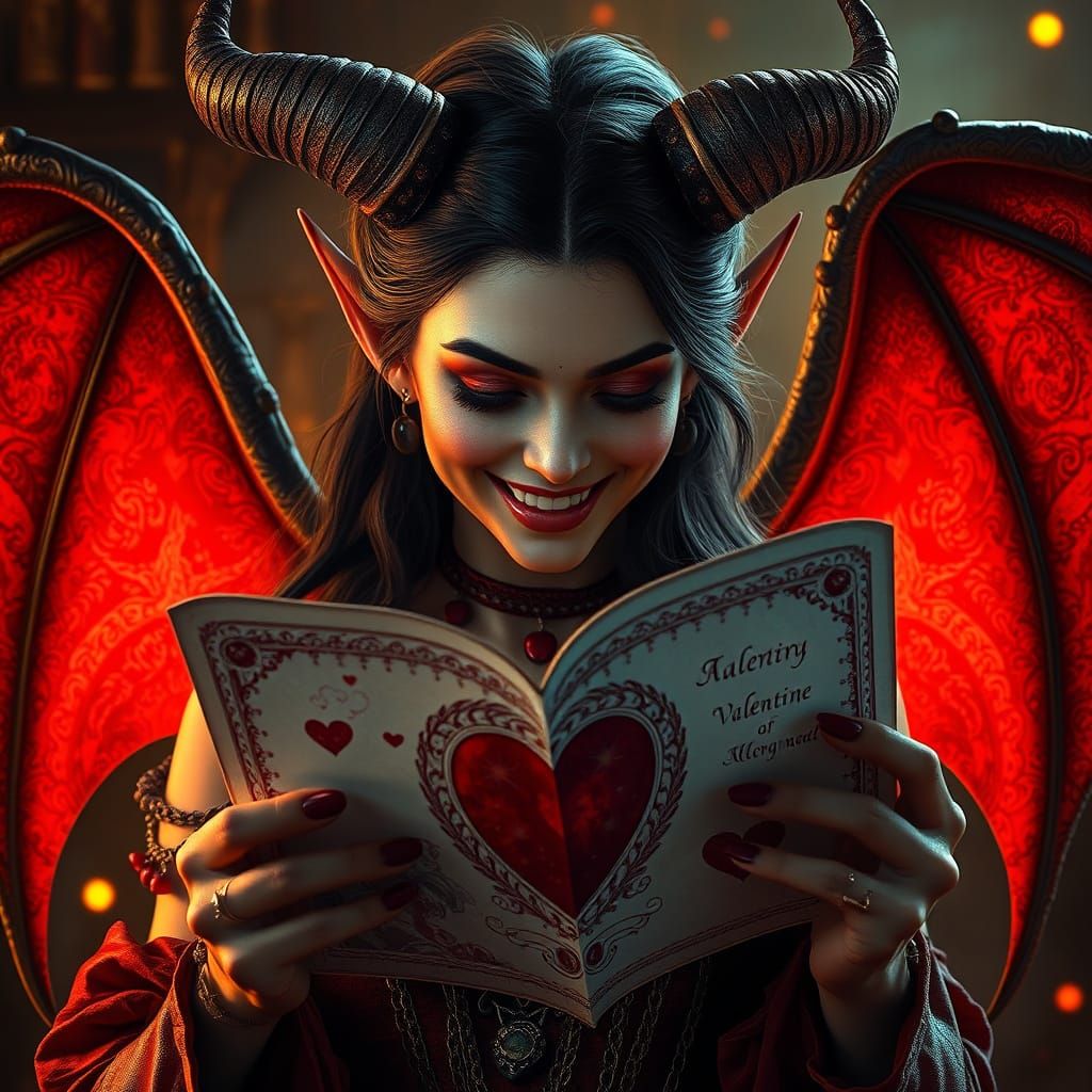 Happy Devil Reads Valentine Card in Dramatic Light