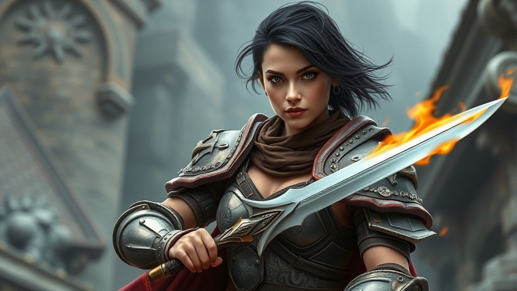 Fantasy Warrior Woman with Enchanted Flame Sword