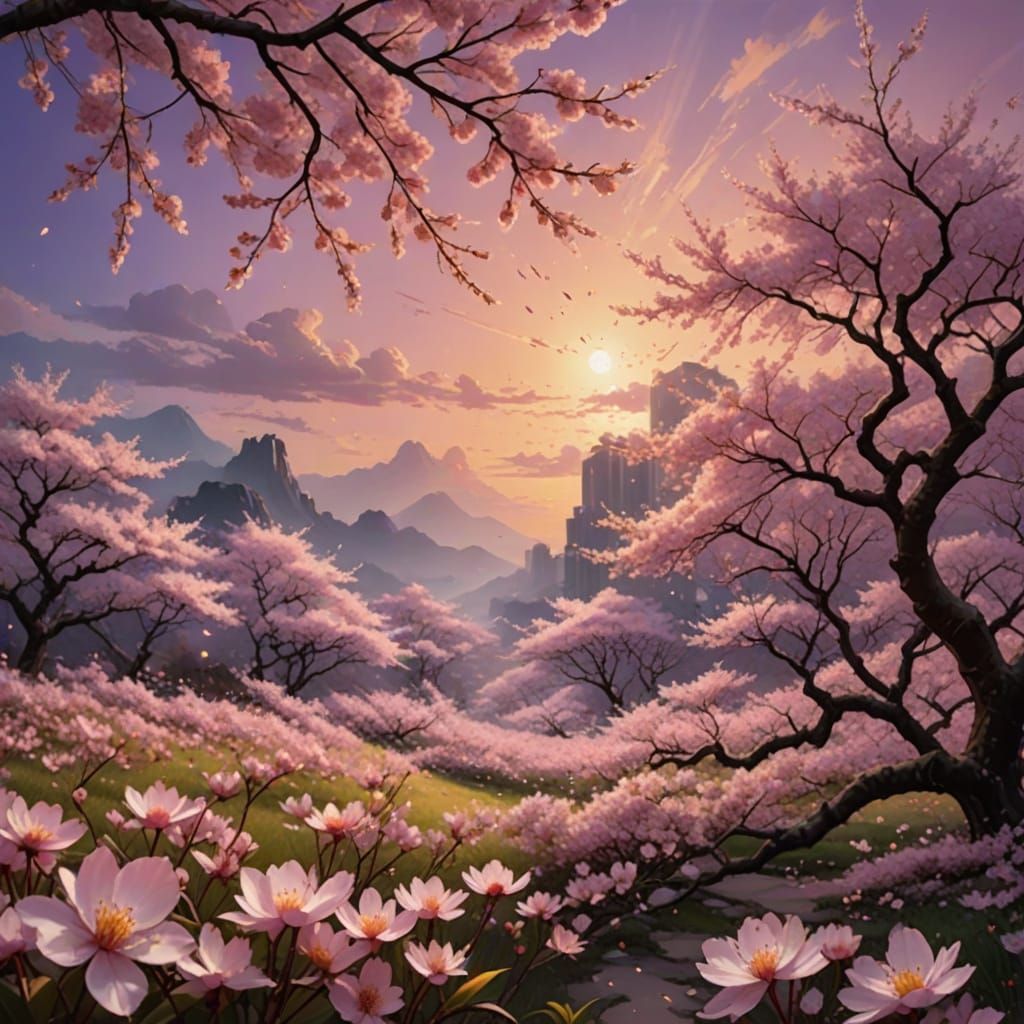 Vibrant Sakura Sunset in Dreamlike Realms