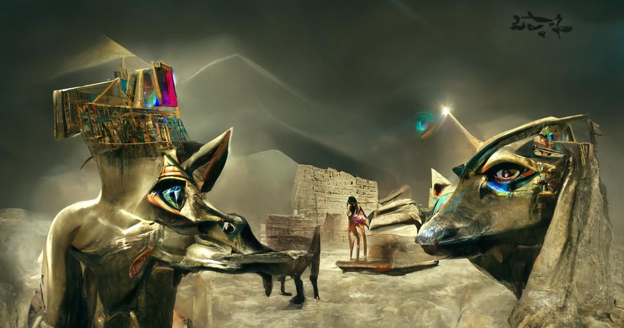 Cleopatra and Jackal in Egyptian Pyramid, Surreal Art