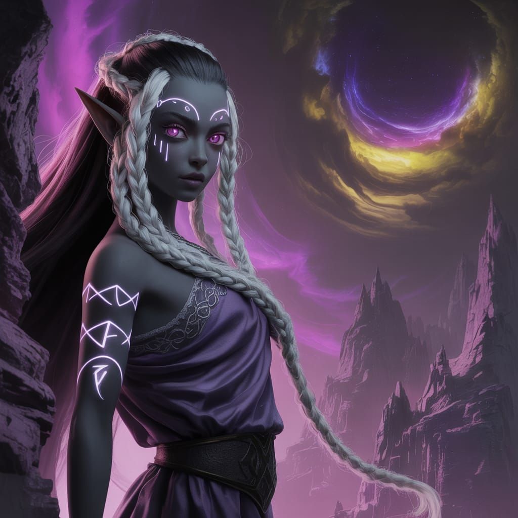 Dark Fantasy Elf on Purple Cliff in Digital Art Style