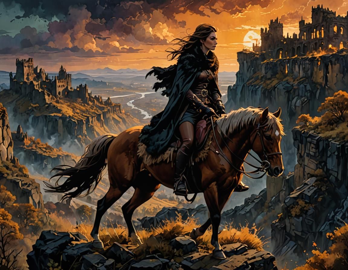 Woman on Horseback in Dark Fantasy Inkpunk Style