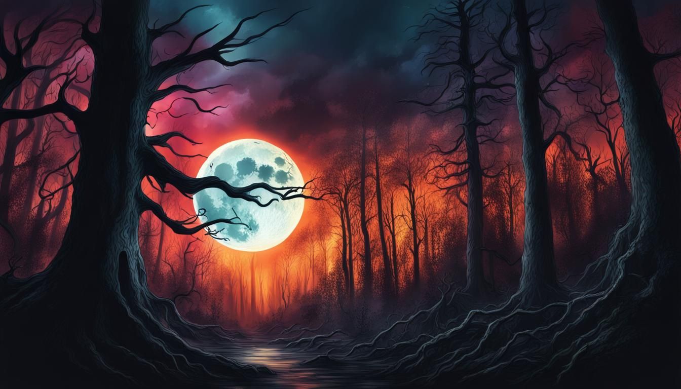 Haunted Forest Under Full Moon: Hyperrealistic Horror