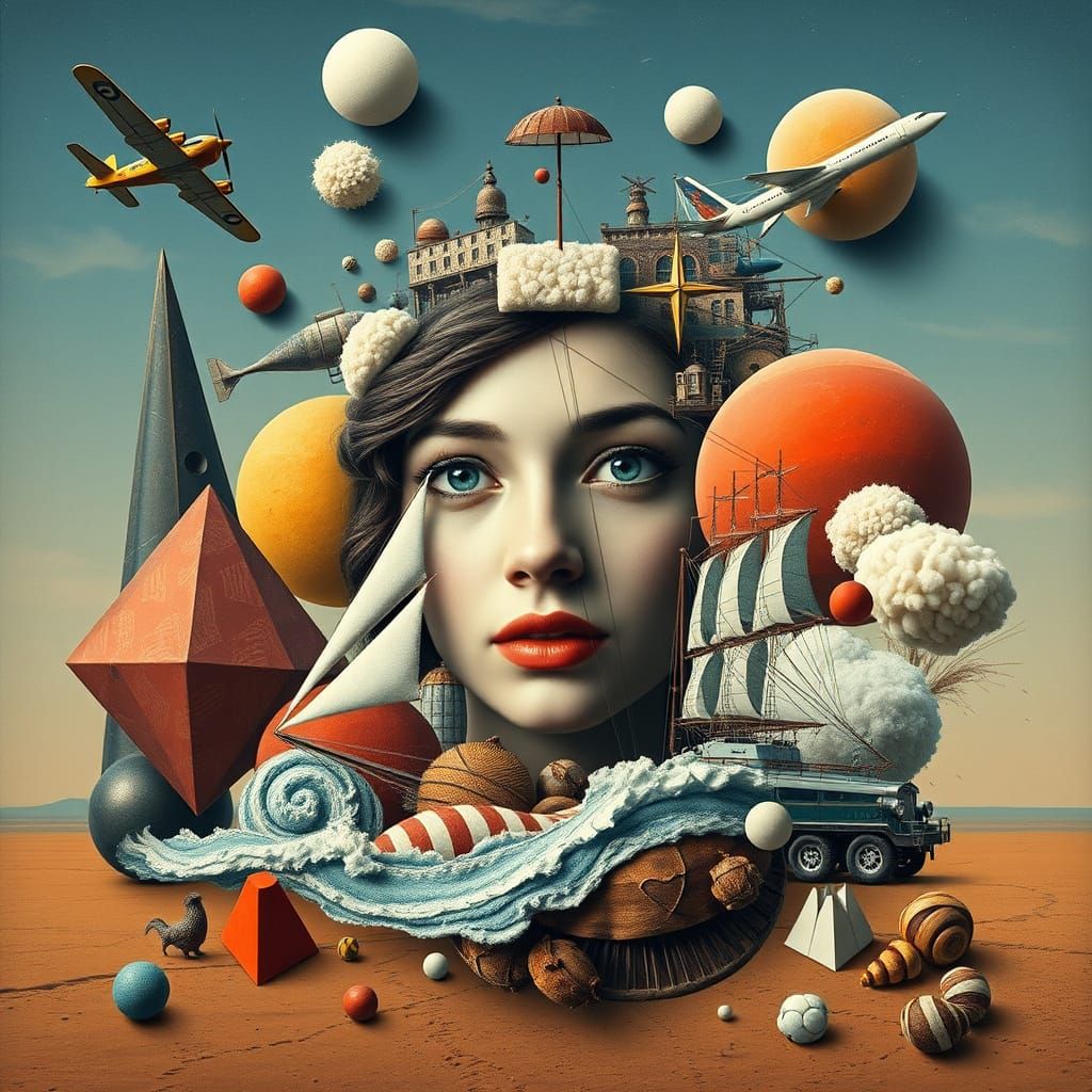 Surreal Collage: Woman's Face with Retro & Geometric Element...